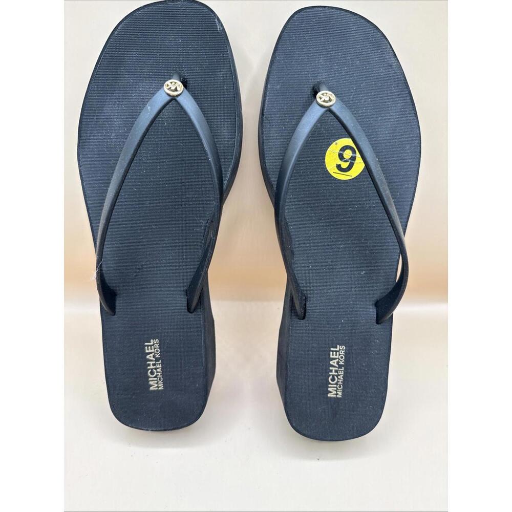 Michael Kors Bedford Wedge Thong Black Signature MK Sandals Size 9